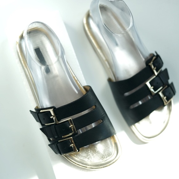 LONGCHAMP Slides Black Leather Gold 3 Buckle Strap Resort Sandals, US 9 - Picture 5 of 10